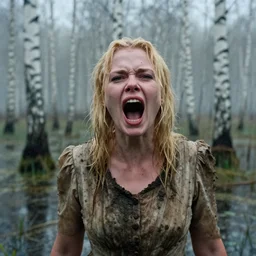 movie still close - up of a blonde woman in a dirty dress yelling in a swamp with birch forest, snow, cinestill 8 0 0 t 3 5 mm by tarkovsky, heavy grain, high quality, high detail, mud, fog, rain