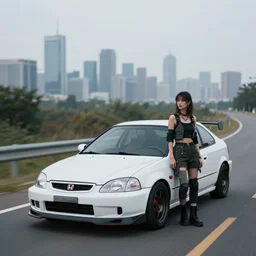 photograph of a cell-shaded Honda EK9 Type-R, a techwear woman standing looking off into the distance, on an Ohio road with a futuristic city in the horizon, one point perspective, 1-point perspective, tilt shift, sigma 85mm f/1.4, 4k, depth of field, high resolution, 4k, 8k, hd, full color, octane render