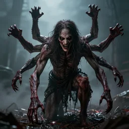 an evil master with 7 arms and 2 legs hunched over looking for you with vengeful eyes, scary, high resolution, creepy, disgusting