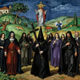 A masterpiece with vibrant colours of a Holy Week procession of grim reapers in a lush Spanish landscape at night. A hooded figure at the front holds a cross. El Greco, Carl Gustav Carus, Remedios Varo, Salvador Dalí, Zdzisław Beksiński. Photo realistic.