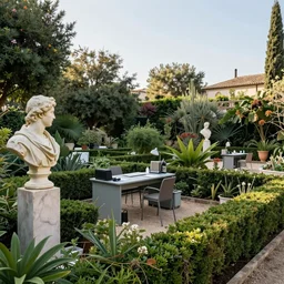 a photograph of a mediterranean garden, with an outdoor office set up in the immediate frame, including a marble bust sculpture, wide angle, morning light