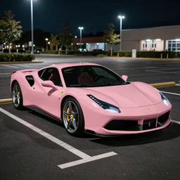 a photograph of a pink ferrari parked in a parking spot at night with the lights on