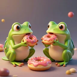 two frogs eating eating donuts, cartoon, artstation, cgsociety, 3d render, ambient lighting
