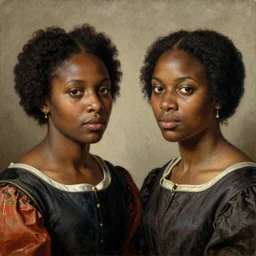A 14th century two African female renaissance oil painting, portrait, grainy, realistic, very realistic, hyperrealistic, highly detailed, very detailed, extremely detailed, very neat, very epic, very cool, detailed, trending on artstation made by Sam Gilliam and Edmonia Lewis