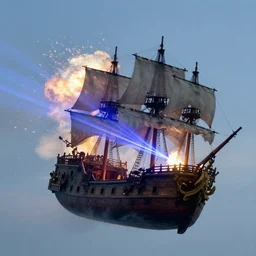 action photography of an explosion caused by a laser beam hitting a pirate ship, fast shutter speed, high speed, action photo, 1/1000 sec shutter