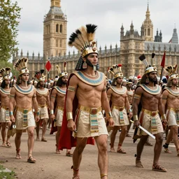 High quality colour photograph of an Aztec army invading London