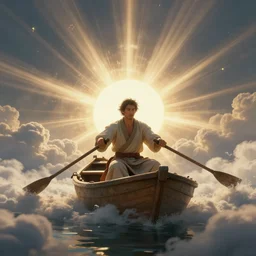 an intricate portrait of an a man rowing on his boat on a lake of clouds, fantasy, low - angle shot, radial lighting, hyper detail, artstation, cgsociety, photo - realistic, style by ivan talavera and artgerm, octane render