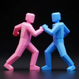 low poly render of a pink and a blue, fighting, black background
