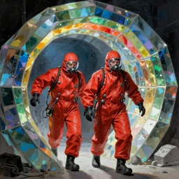 two scientists wearing red hazmat suits with metal buttons and wires entering geometric rainbow crystal gateway by frank frazetta