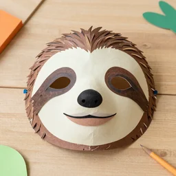 home made paper mask of an sloth used in an kindergarden workshop concept art model colorful