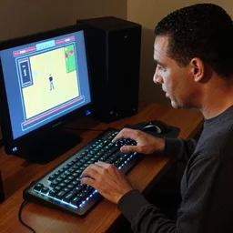 frank sinatra playing osu! videogame with mechanical computer RGB keyboard and graphic tablet