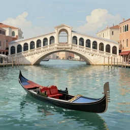 venitian gondolas on a large lake with low water level and a roman style bridge, digital painting, high quality, dreamlike, volumetric lighting