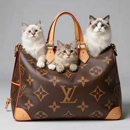 a highly detailed photo of multiple furry cats, they are inside a big louis vuitton bag's, gray background, studio lighting, 4 k, 8 k