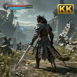 a humanoid cat with a sword in elden ring, gameplay, boss fight, 8k, hd