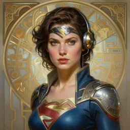 portrait of a cyberpunk art deco woman who looks like Power Girl sci-fi, fantasy, intricate, elegant, highly detailed, digital painting, artstation, smooth, sharp focus, illustration, art by artgerm and greg rutkowski and alphonse mucha