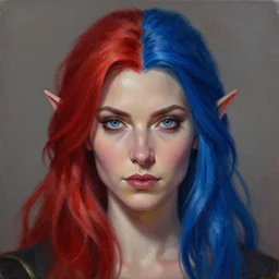 a detailed matte oil on canvas head on symmetrical portrait of a distinguished elven woman with!! split red blue hair!! by charlie bowater, lise deharme, wlop, trending on artstationhd, dungeons and dragons art critical role,!! half and half hair dye!!,! split hair dye!,! two tone hair! dye