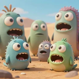 of a desert with large cute strange friendly creatures with huge eyes, mouth and teeth appearing from the ground, in the style of Gaudi, macro lens, shallow depth of field, highly detailed, digital painting, trending artstation, concept art, illustration, cinematic lighting, vibrant colors, photorealism, epic, octane render