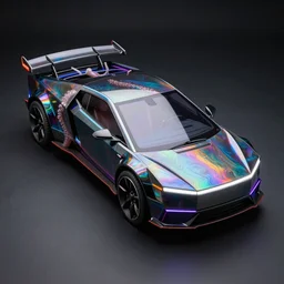 photo of a dark glass and plastic, iridescent octopus skin, futuristic box - shaped hybrid car with aerodynamic fins and canards, venturi tunnels, neon lights