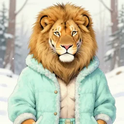 aesthetic portrait commission of a albino male tiger anthro lion wearing a cute mint colored cozy soft pastel winter outfit, winter Atmosphere. Character design by Greg Rutkowski and Thomas Kinkade trending on artstation, detailed, inked, western comic book art, award winning painting