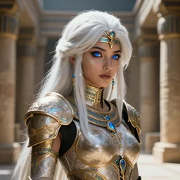 android girl in egyptian ruins, warframe armor, white hair, atmosphere, glow, detailed, intricate, beautiful face, cinematic lighting, trending on artstation, blue eyes, 4 k, focused, extreme details, cinematic, masterpiece, by akihito tsukushi