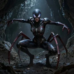 creepy matte painting of an armored woman with spider legs in a dark cave, ( ( spiderwoman ) ), human arms, ultra detailed, monster, human face, glowing eyes, creature design, concept art, 8 k, moody lighting, muted colors, blue tone light, dramatic lighting realistically proportioned body, organic armor, arms out in a ready to attack pose