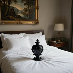 a liminal hotel room with a black glass baroque object in the bed, flemish painting,