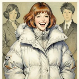 a copic maker art nouveau portrait of a girl laughing finely detailed features wearing a puffy futuristic anorak designed by balenciaga by john berkey, norman rockwell akihiko yoshida
