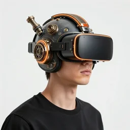 a stylish young man wearing a huge futuristic steampunk virtual reality helmet in the style of giorgetto giugiaro, orange glowing edges, insanely integrate, 8 k, productphoto, full shot, studiolight