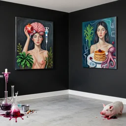 an empty apartment with black walls and a portrait of a female art student holding a brain, iv drip, pomegranate, seaweed, organic, sensual, high voltage, pancakes, berries, octopus, surgical supplies, pig, scientific glassware, art materials, candle dripping wax, berry juice drips, neo - expressionism, surrealism, acrylic and spray paint and oilstick on canvas