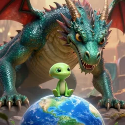 an adorable and small alien lands on earth to meet a giant dragon, sweet eyes, concept art, octane render, matte painting, highly detailed, comic book art, cinematic