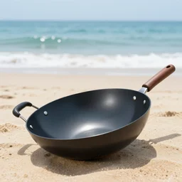oval-shaped woks on a beach with ocean in the background, photorealistic, 8k