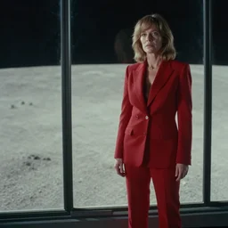 a medium full shot photograph by fred palacio depicting bryce dallas howard in a tailored red suit standing next to a plate glass window. outside is the surface of the moon. sci fi, futuristic, cinematic, soft lighting, sci fi, bladerunner, canon eos r 3, f / 3, iso 2 0 0, 1 / 1 6 0 s, 8 k, raw, unedited