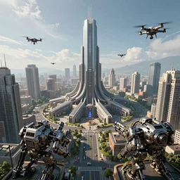 concept art of city 1 7, from the half - life universe, civil protection, cameras, drones, combine mechanical technological weapons to control. at the heart of the city is the citadel, a giant skyscraper which serves as the hub of the combine. hyperrealist, intricate digital art, breathtaking, artgem, artstation, volumetric lighting, real time render, 8 k ultra high definition, unreal 5