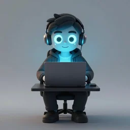 computer nerd sitting in front of laptop computer, computer glow on face :: full body character concept art, trending on artstation, symmetrical, symmetrical eyes, detailed, professional, 2 point studio lighting