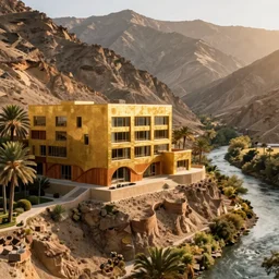 photo of a golden modern museum in a arid mountain and palm forest on a cliff and mountains, next to river and valley, the museum is made of rammed earth, wooden panels and windows, 5 stories high, perforations texture brown wooden curves cascaded openings, layers, trees and vegetation, snohetta, sun rays, golden hour atmosphere