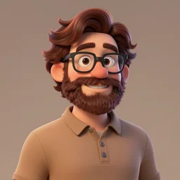 cell shaded, pleasant, happy, husky, nerdy man character portrait, wearing polo shirt, earth tones, dark auburn wavy hair, full beard, glasses without frames, freckles, by don bluth, highly detailed, dynamic shadows, 4 k, wallpaper - 1 0 2 4