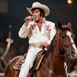 cinematic shot of Elvis Presley riding a horse, wearing a cowboy hat and singing into a microphone, digital art