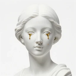 full head and shoulders, beautiful female porcelain sculpture by daniel arsham and raoul marks, smooth matte skin, all white features on a white background, delicate facial features, white eyes, white lashes, gold liquid dripping from eyes