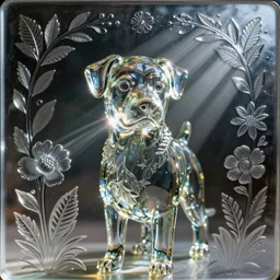 close up portrait of a shining glass figure of a dog, in empty space, embossed panel with leaves and flowers, carefully crafted, refracting light, caustics, light rays beaming through, epic 8k, Zeiss 75mm