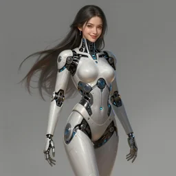 portrait of beautiful smiling ultra realistic illustration, beautiful alluring female cyborg, full body, cyberpunk, sci - fi, fantasy, intricate, elegant, highly detailed, digital painting, artstation, concept art, smooth, sharp focus, illustration, art by yintion j, jiang geping and artgerm and greg rutkowski and alphonse mucha.