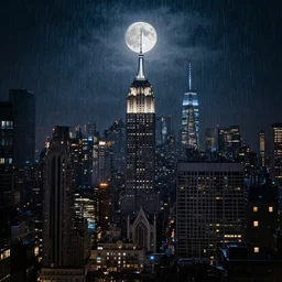 Gothic New York by night skyline under the rain full moon frame