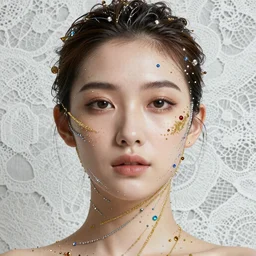 portrait of a beautiful futuristic woman layered with high-tech jewelry wrapping around her face and head, golden-silver light with tiny blue, gold, and red gems scattered like dust, and a white lace background