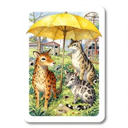 dixit card, animals, spots, stripes, abandoned shinjuku, yellow parasol, intricate, amazing composition, colorful watercolor, by ruan jia, by maxfield parrish, by shaun tan, by nc wyeth, by michael whelan, by escher, illustration, gravity rush, volumetric, bloom, sunbeam, dappled