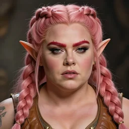 fantasy character portrait photo. female dwarf. short, broad, extremely jacked. broad face resembles cara delevingne but very squat. wide face, androgynous but pretty. elaborately braided orangepink hair. long sidebuns, downy cheeks. thick bushy groomed red eyebrows with multiple piercings. tan leather vest, bare bodybuilder shoulders. kohl, lipgloss