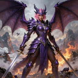 full portrait, solo character!, realistic, an alluring dragon hunter, female, intricate purple armor, dragon themed, ornamental, sprouting wings, dark brown skin, short pink hair, swords, battle pose, a background composed of mountains and fire and snow and flying small creatures behind!!!, boudoir!, epic, highly detailed, extremely detailed face, high fantasy, digital painting, by artgerm and greg rutkowski and alphonse mucha, artstation