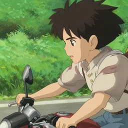 cinematic close up of a person riding a motorcycle on a road near a forest, delicate features finely detailed perfect art, green field, gapmoe yandere grimdark, trending on pixiv fanbox, painted by greg rutkowski makoto shinkai takashi takeuchi studio ghibli