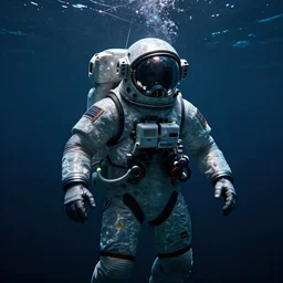 infrared concept art by david cronenberg in the dark underwater diver astronaut with meka helmet. complex technical suit design. wet reflection material. rays and dispersion of light breaking through the deep water. trend artstation, 3 5 mm, f / 3 2