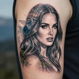 double exposure tattoo sketch of megan fox faded with a beautiful mountain scenery, in the style of matteo pasqualin, amazing detail, sharp