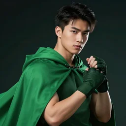 a young handsome asian man wearing a green cape and fingerless gloves. superhero. portrait. digital art. trending on artstation. character design. epic. dramatic lighting. krenz cushart greg manchess shigenori soejima
