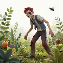 a teenage zombie dissolving in a field of foliage, botanicals, fruit and insects, highly detailed, fantasy art, in the style of hieronymous bosch, cinematic wide angle camera,